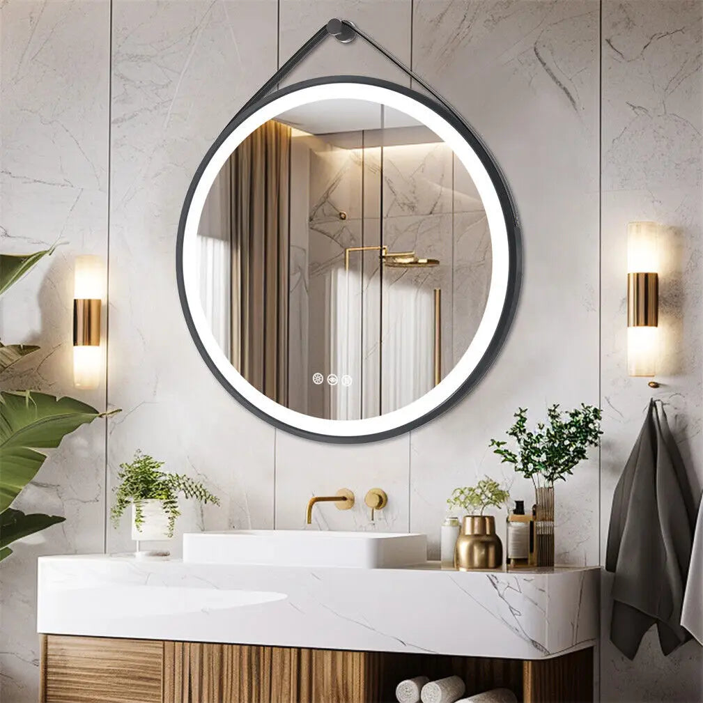 LED Bathroom Mirror 600/700/800mm Round Illuminated Wall Mirror Anti-fog, Dimmable, with Leather Belt
