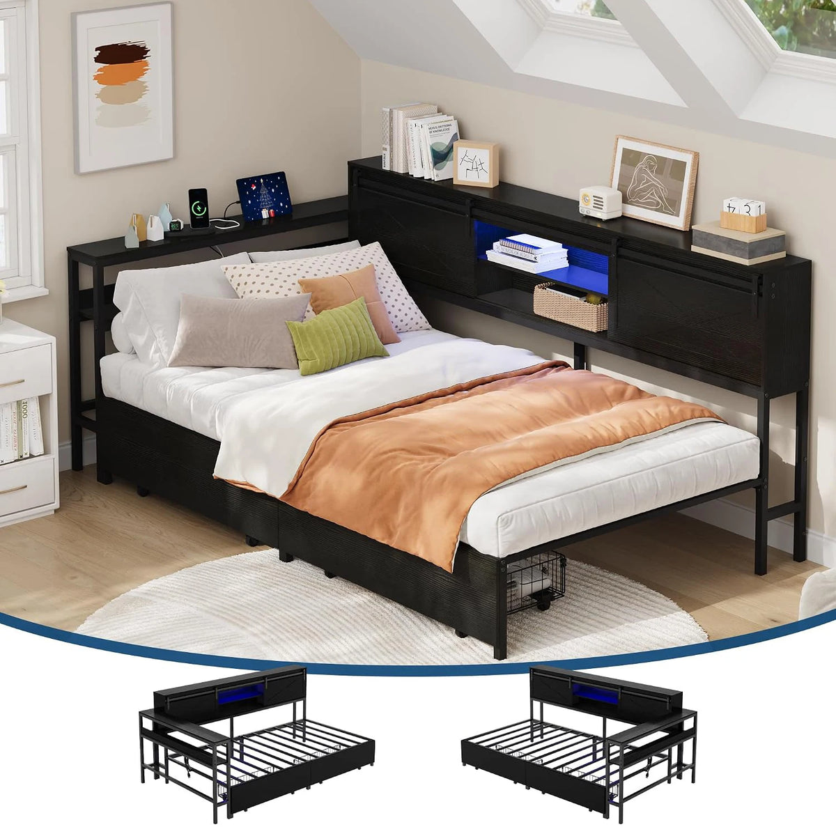HiMISS Corner Bed Frame With Desk And LED Lights