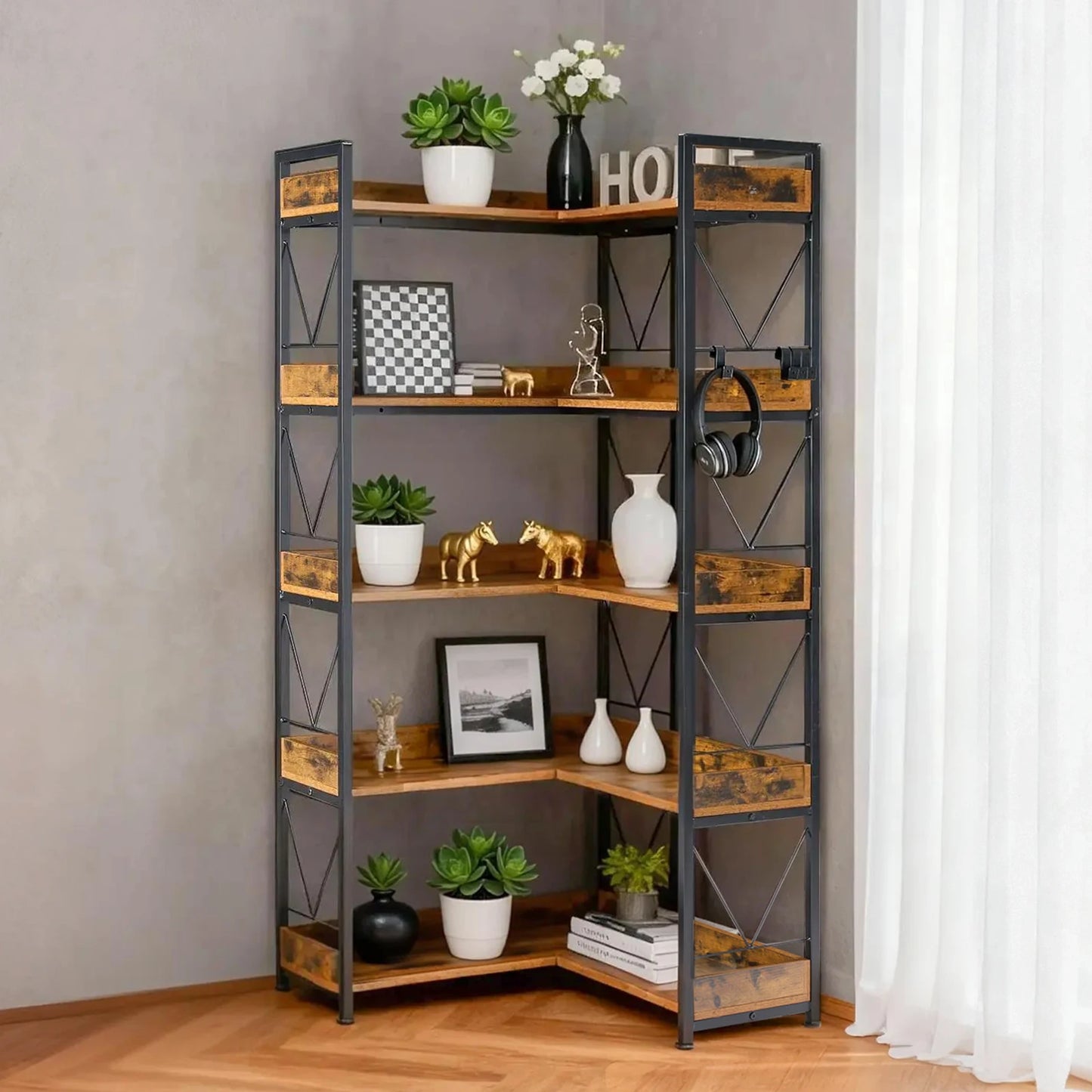 MCQ 5-Tier L-Shape Corner Bookshelf Metal Frame