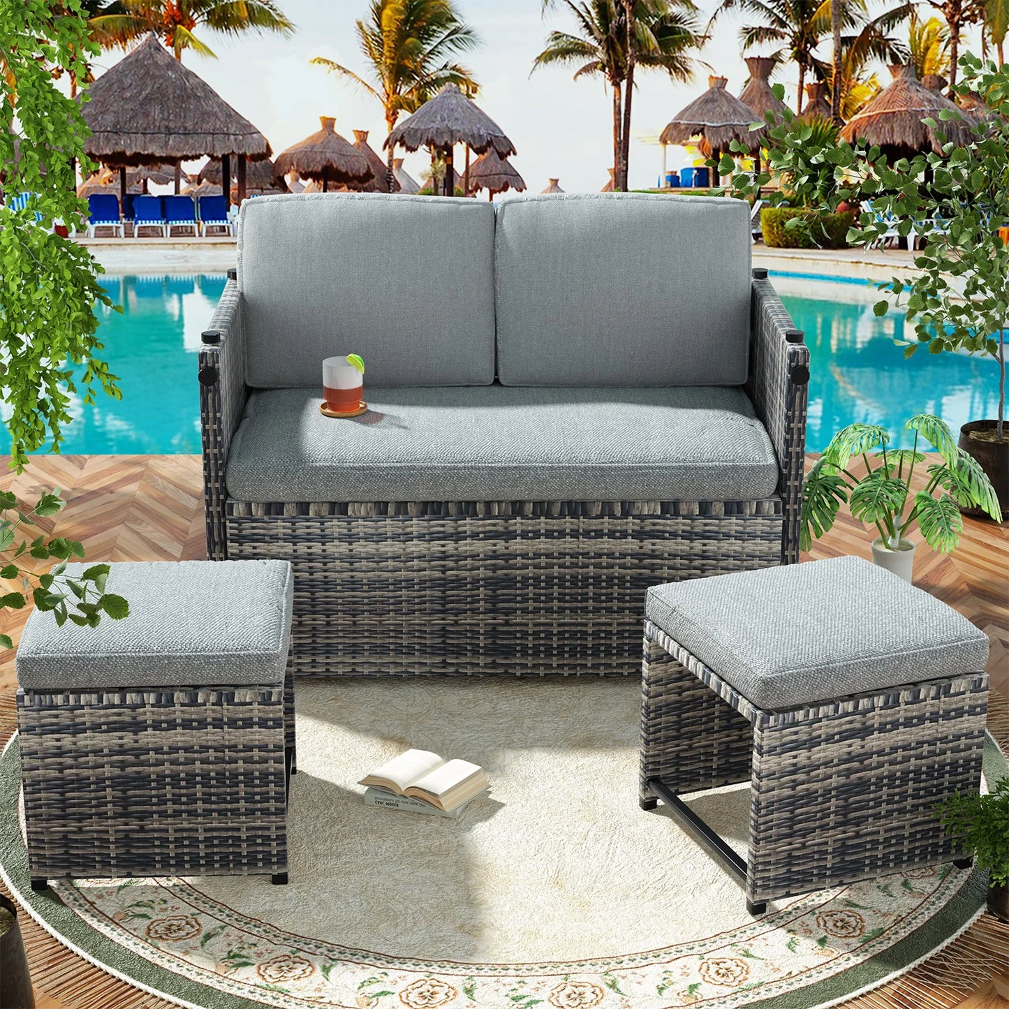 Avenvista 4-Piece Convertible Rattan Patio Sofa With Ottoman