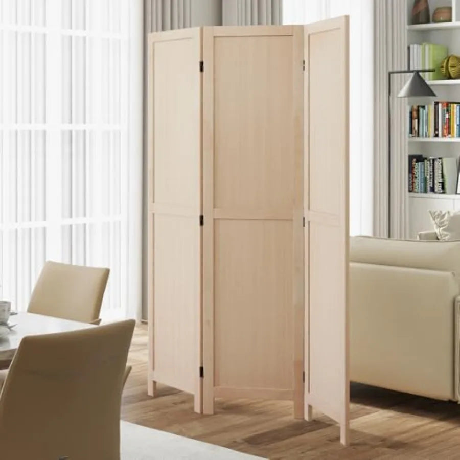 3 Panel Folding Room Divider for Bedroom Living Room Kitchen Home Office Restaurant, Rubber Wood, Natural Wood Color, Freestand