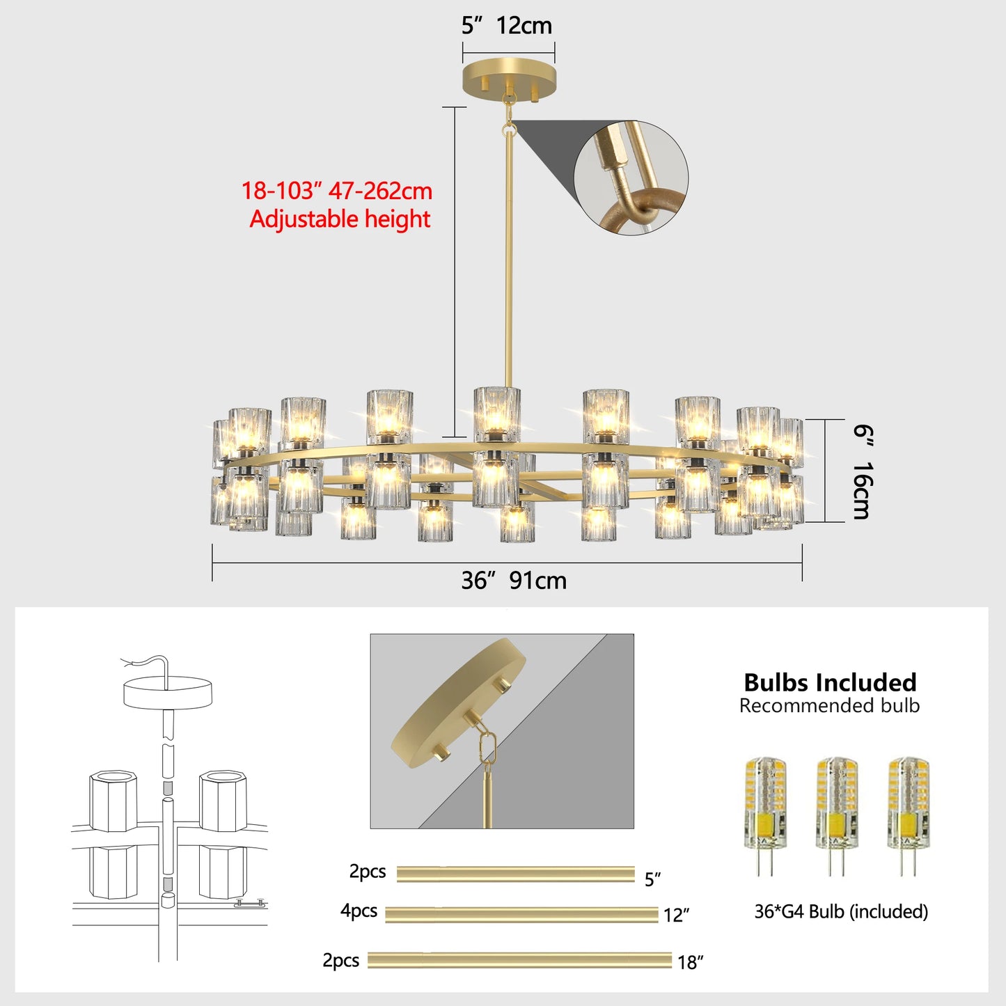 23.6 Inches Luxury Chandeliers Crystal Living Room Bedroom Decorative Lights Simple Modern Dining Room LED Lighting