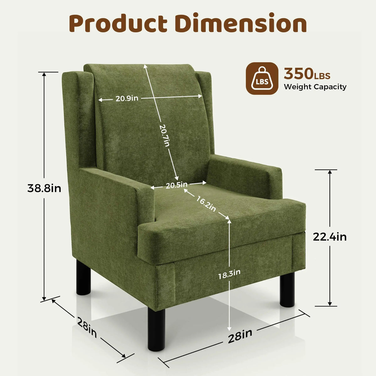 Mid Century Modern Wingback Accent Chair, Upholstered Chenille Reading Armchair With Lumbar Pillow, High Back, Wood Legs For Living Room