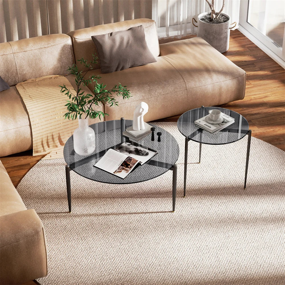 LUVODI Round Tempered Glass Coffee Table With Metal Frame